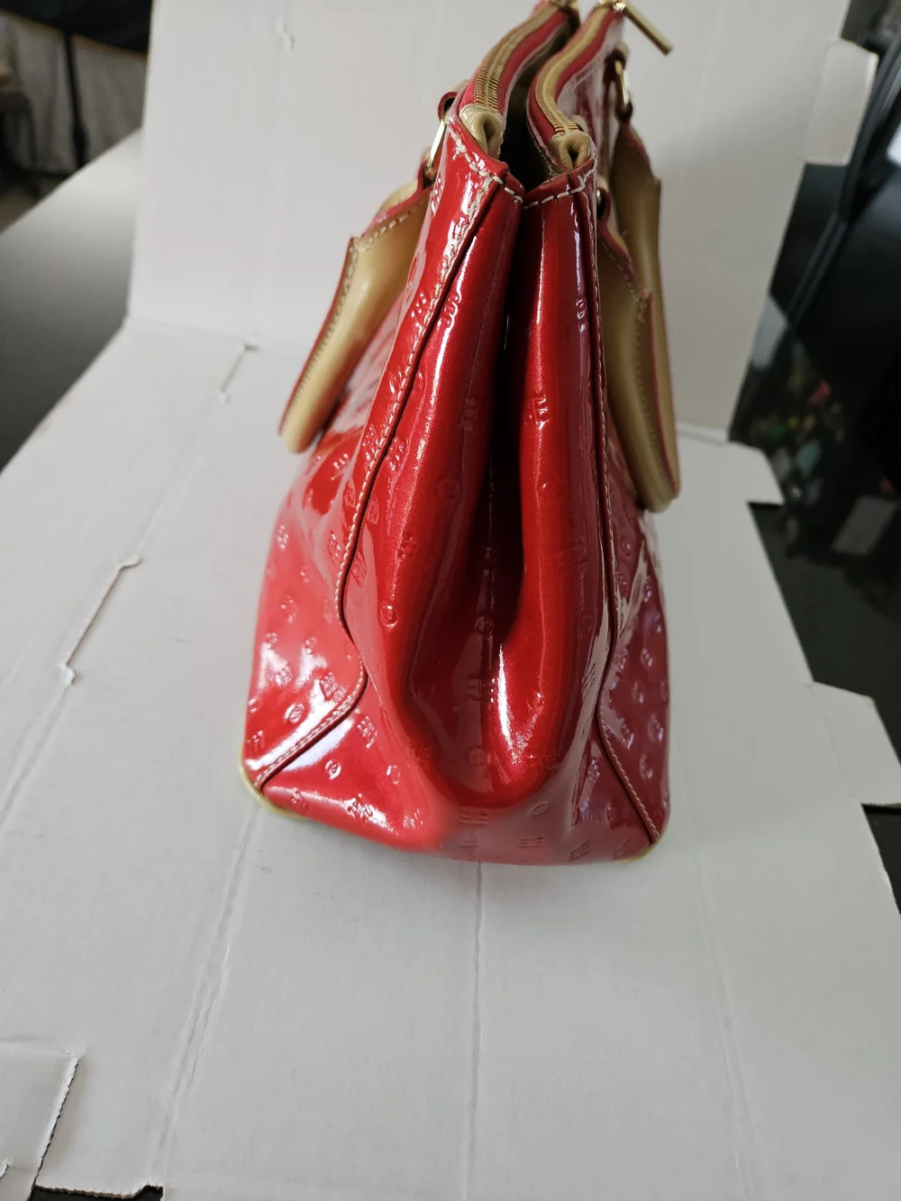 Arcadia Red Patent Tote Bag with Tan Handles